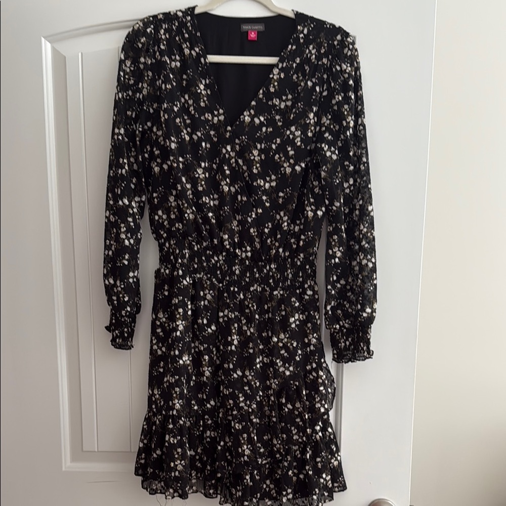 Vince Camuto Black and White Fit and Flare Dress with Bishop Sleeves